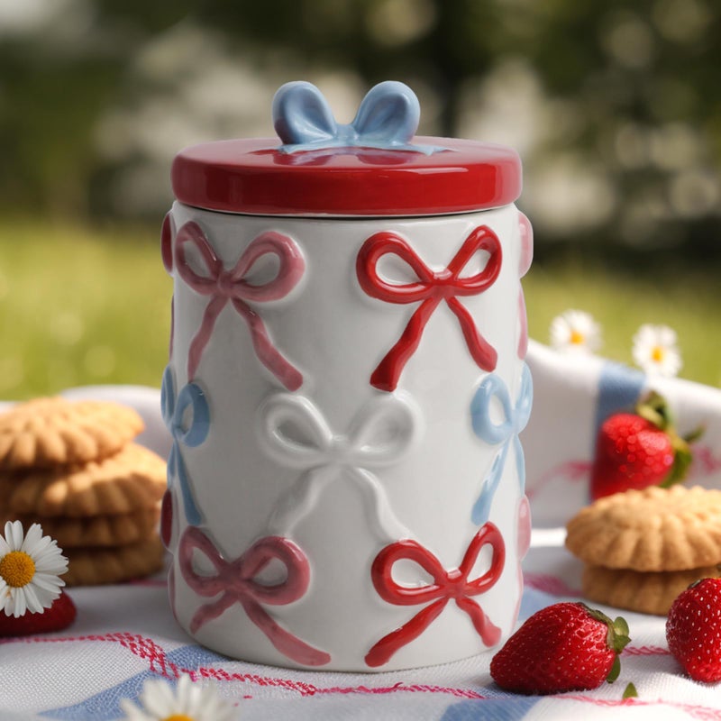 DIF DECO Cookie Jars with Lid Airtight, 42 OZ Large Ceramic Food Storage Containers, Red Bow Kitchen Canisters for Countertop, Suitable for Home Decor of Coffee, Sugar, Tea, Flour, Dog Treat (7.5 In) - Image 1