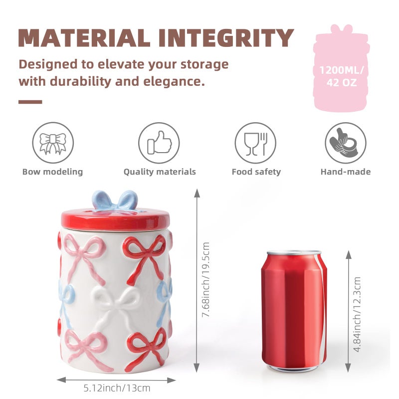 DIF DECO Cookie Jars with Lid Airtight, 42 OZ Large Ceramic Food Storage Containers, Red Bow Kitchen Canisters for Countertop, Suitable for Home Decor of Coffee, Sugar, Tea, Flour, Dog Treat (7.5 In) - Image 2