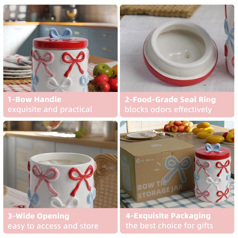 DIF DECO Cookie Jars with Lid Airtight, 42 OZ Large Ceramic Food Storage Containers, Red Bow Kitchen Canisters for Countertop, Suitable for Home Decor of Coffee, Sugar, Tea, Flour, Dog Treat (7.5 In) - Image 3