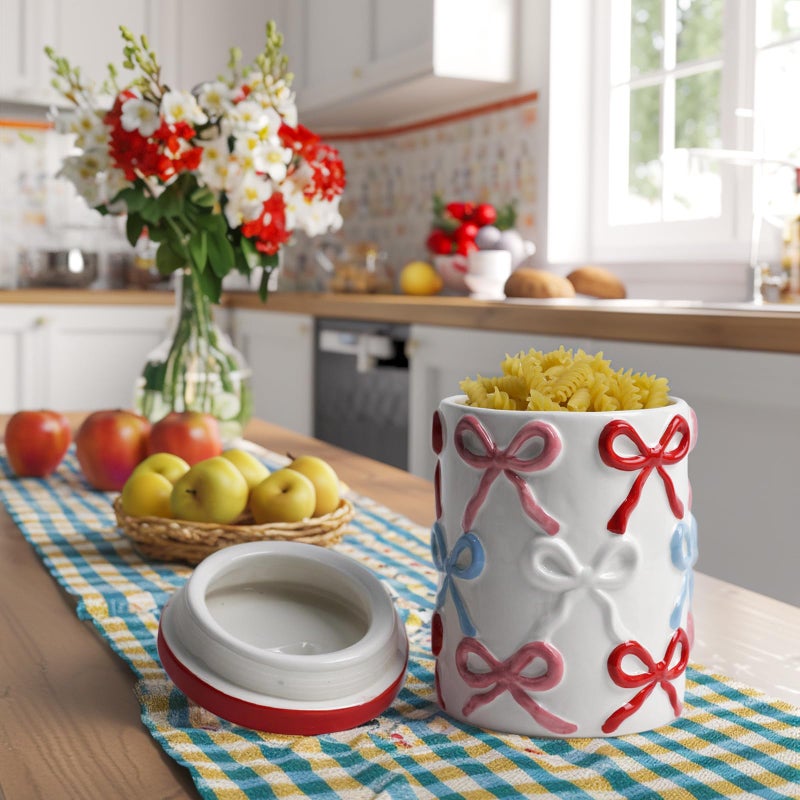 DIF DECO Cookie Jars with Lid Airtight, 42 OZ Large Ceramic Food Storage Containers, Red Bow Kitchen Canisters for Countertop, Suitable for Home Decor of Coffee, Sugar, Tea, Flour, Dog Treat (7.5 In) - Image 4