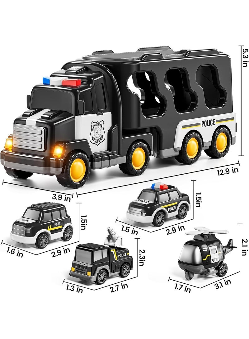 LBMT لعبة شاحنة النقل، شاحنة إطفاء للأطفال الصغار 5 في 1، لعبة سيارة تعمل بالاحتكاك مع أضواء وأصوات للأطفال، مجموعة ألعاب سيارات للأولاد والبنات من عمر 3 إلى 6 سنوات (أسود) - Image 5