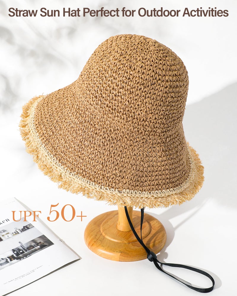 Loiyadn Beach Hats for Women - Straw Bucket Hats for Women, Packable Sun Hat Womens with Chin Strap, UPF 50+ Summer Protection Khaki - Image 4