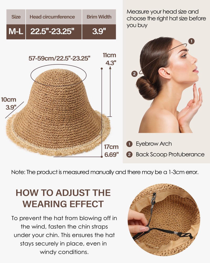 Loiyadn Beach Hats for Women - Straw Bucket Hats for Women, Packable Sun Hat Womens with Chin Strap, UPF 50+ Summer Protection Khaki - Image 2