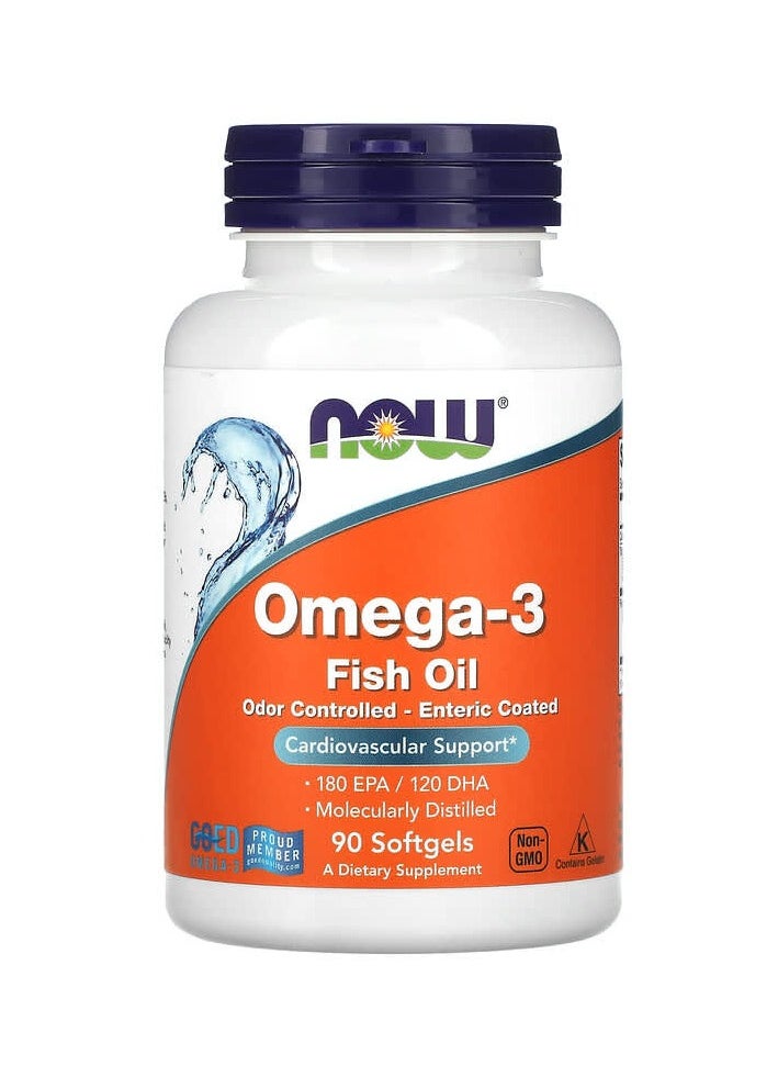 now - Omega-3 Fish Oil 1000 mg 180 EPA - 120 DHA Odor Controlled Enteric Coated 90 Softgels - Image 1