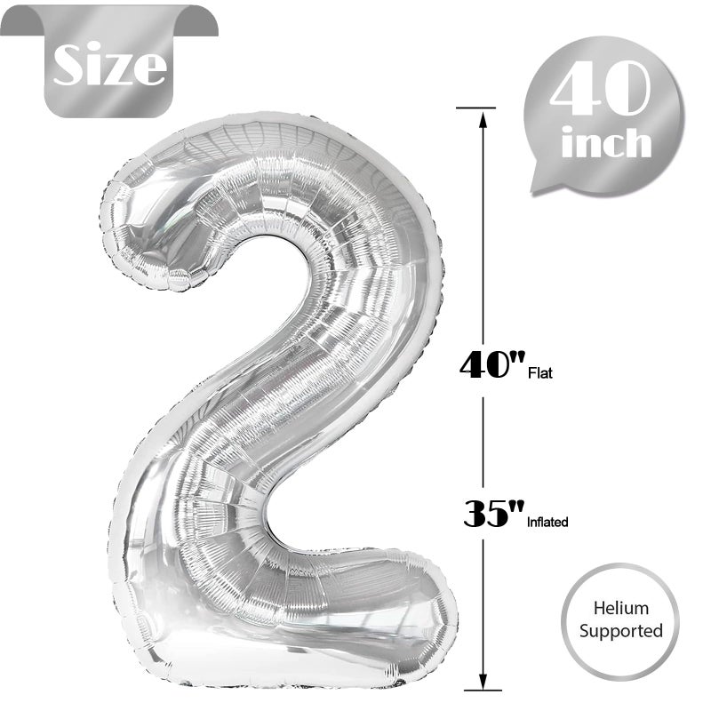 IWERP Silver 2 Balloon, Number Balloons 40 Inch, 2nd Balloon Number Birthday Decorations, Two Second Birthday Party Supplies, Number 2 Balloon - Image 5