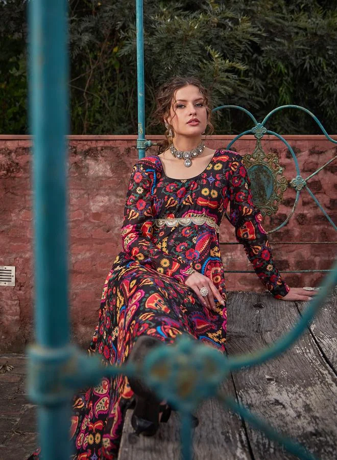SASSAFRAS SASSAFRAS Black Floral Poly Muslin Anarkali Kurta