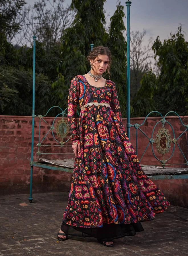 SASSAFRAS SASSAFRAS Black Floral Poly Muslin Anarkali Kurta