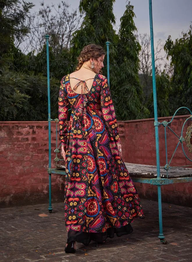 SASSAFRAS SASSAFRAS Black Floral Poly Muslin Anarkali Kurta