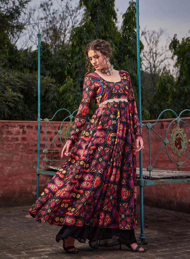 SASSAFRAS SASSAFRAS Black Floral Poly Muslin Anarkali Kurta