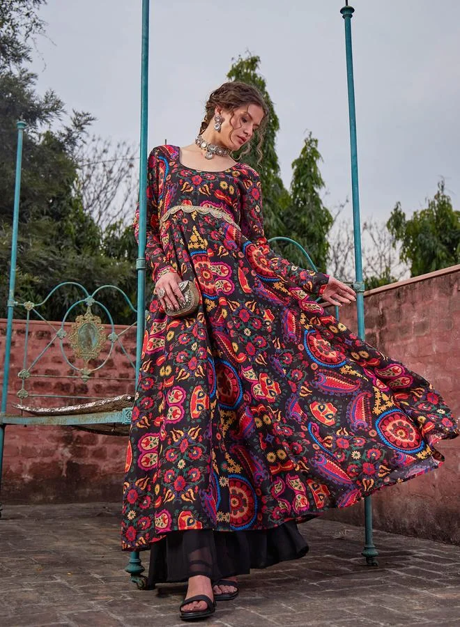 SASSAFRAS SASSAFRAS Black Floral Poly Muslin Anarkali Kurta