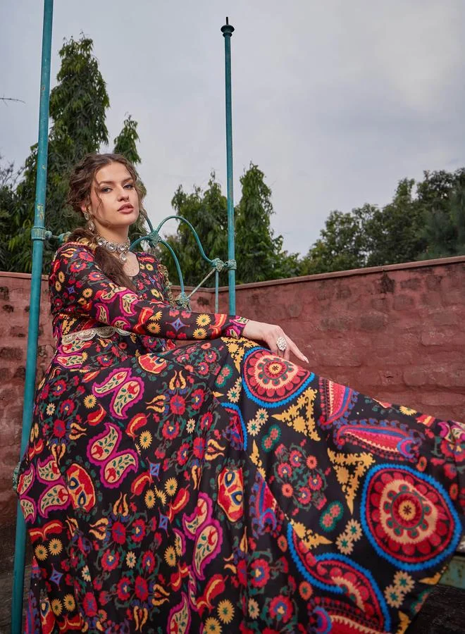 SASSAFRAS SASSAFRAS Black Floral Poly Muslin Anarkali Kurta