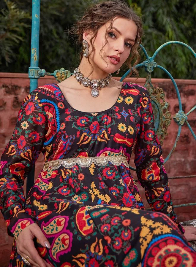 SASSAFRAS SASSAFRAS Black Floral Poly Muslin Anarkali Kurta