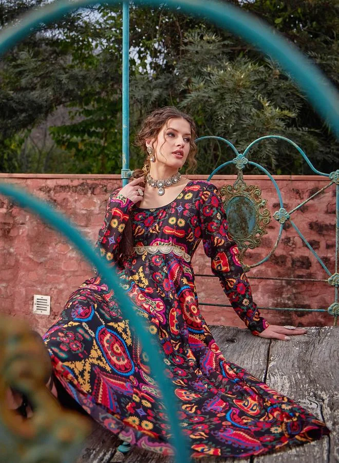 SASSAFRAS SASSAFRAS Black Floral Poly Muslin Anarkali Kurta