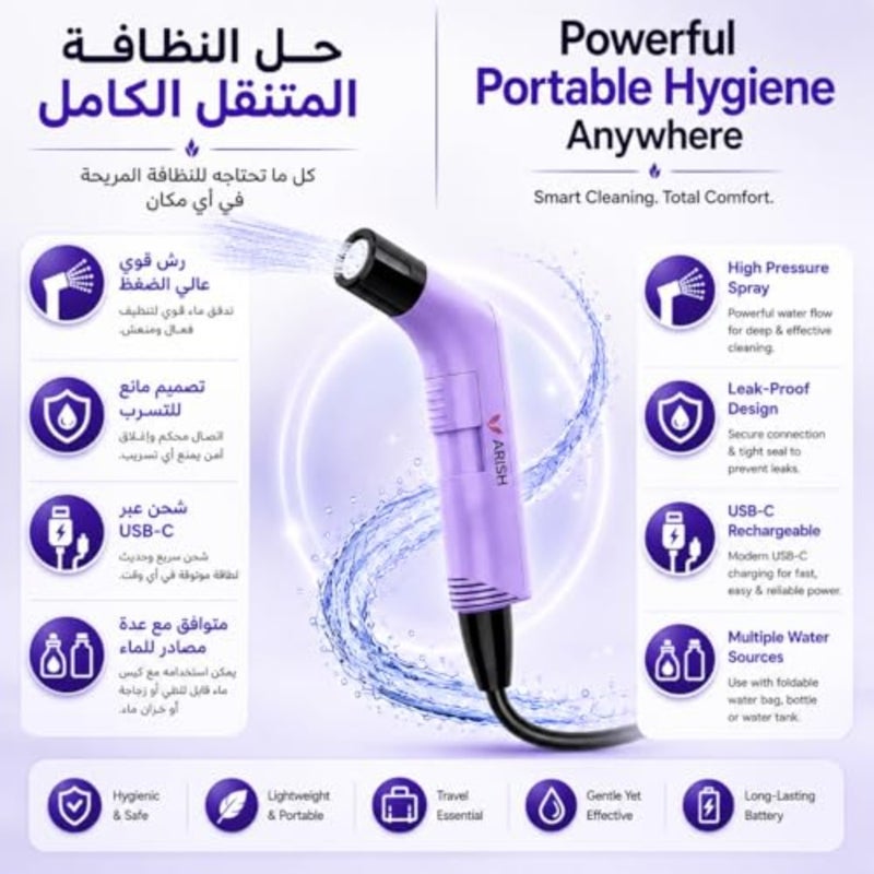 شطاف محمول للسفر للعائلة ذو ضغط عالي وقابل لإعادة الشحن - ما يصل إلى 120 غسلة/شحن - USB-C، وضعان للرش، نفاث مياه للنظافة الشخصية للنساء والرجال، بيديت لإبقائك منتعشًا - Image 2