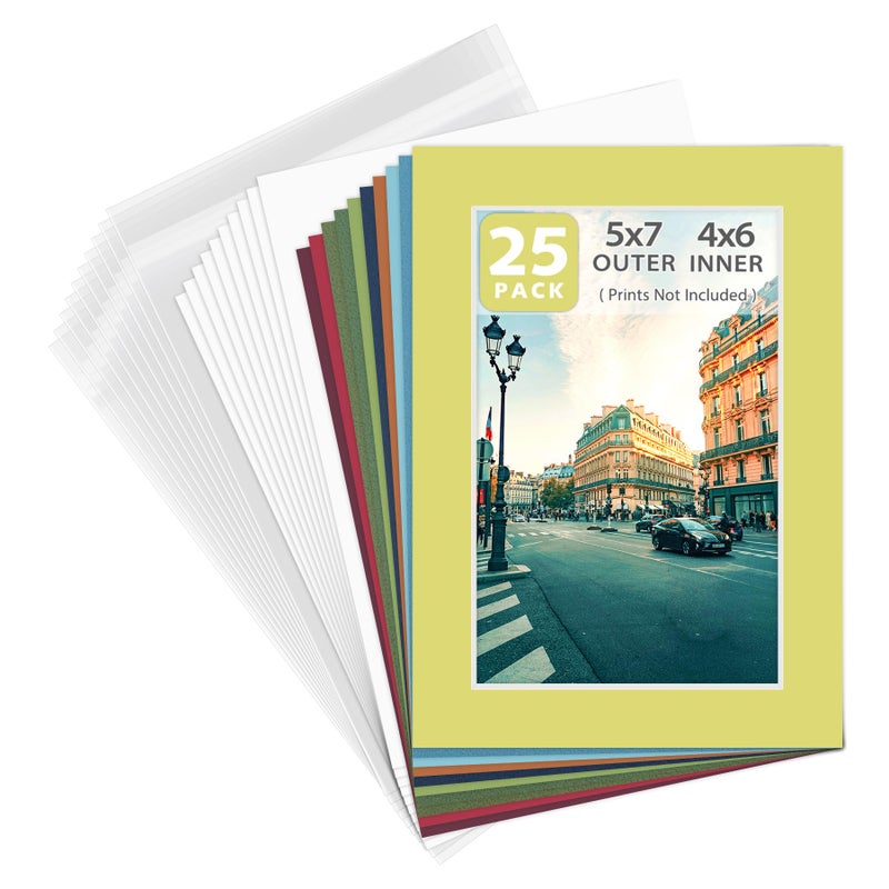 Golden State Art Golden State Art Pack of 25 Mix PreCut 5x7 Picture Mat for 4x6 Photo with White Core Bevel Cut Mattes Sets Includes 25 High Premier Acid Free Bevel Cut Matts  25 Backing Board  25 Clear Bags 