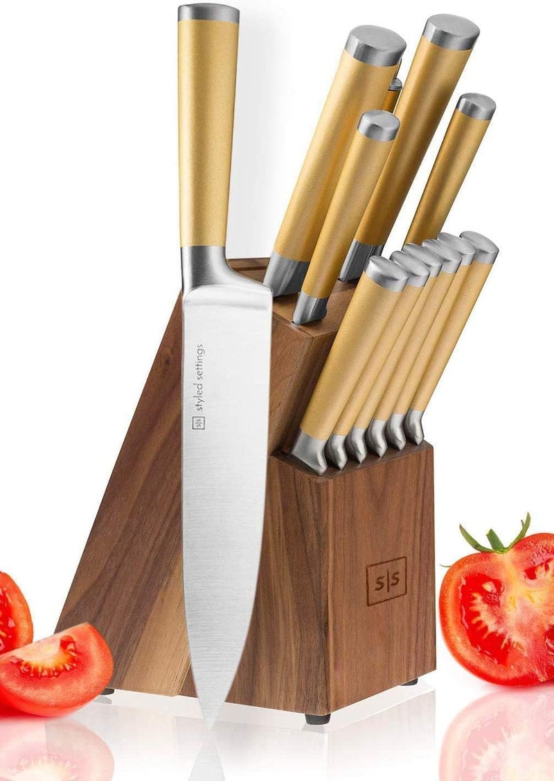 Gold Knife Set with Walnut Block  13Piece Full Tang Stainless Steel Kitchen Knives  Durable Gold Kitchen Accessories for Cooking and Food Prep