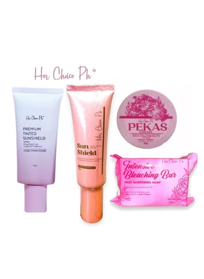 Her Choice Ph Intensive Whitening Soap 120 grams & Pekas Remover Cream To Reduce Melasma Freckles and Dark Spots 50 grams & Sun Shield Broad Spectrum SPF50 50gm & Premium Tinted Sunshield SPF50 - 50gm