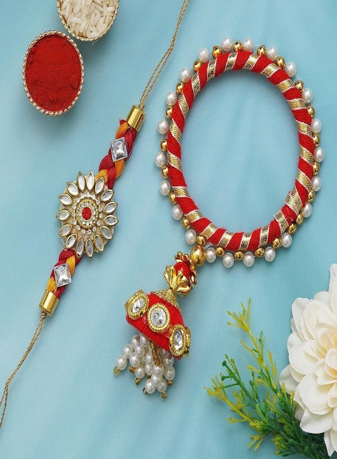 Anishop Pearls Designer Bhaiya Bhabhi Rakhi Set with Roli Chawal Pack - Rakhi for Brother, Bhaiya, Bhai - Lumba Rakhi for Bhabhi, Sister - Traditional Rakhi Red - Image 3