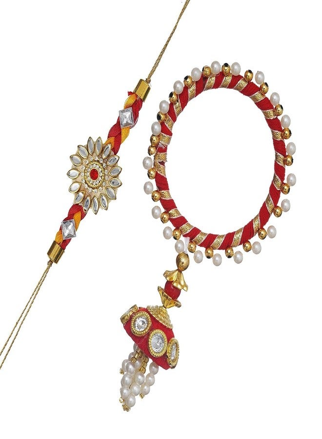 Anishop Pearls Designer Bhaiya Bhabhi Rakhi Set with Roli Chawal Pack - Rakhi for Brother, Bhaiya, Bhai - Lumba Rakhi for Bhabhi, Sister - Traditional Rakhi Red - Image 1