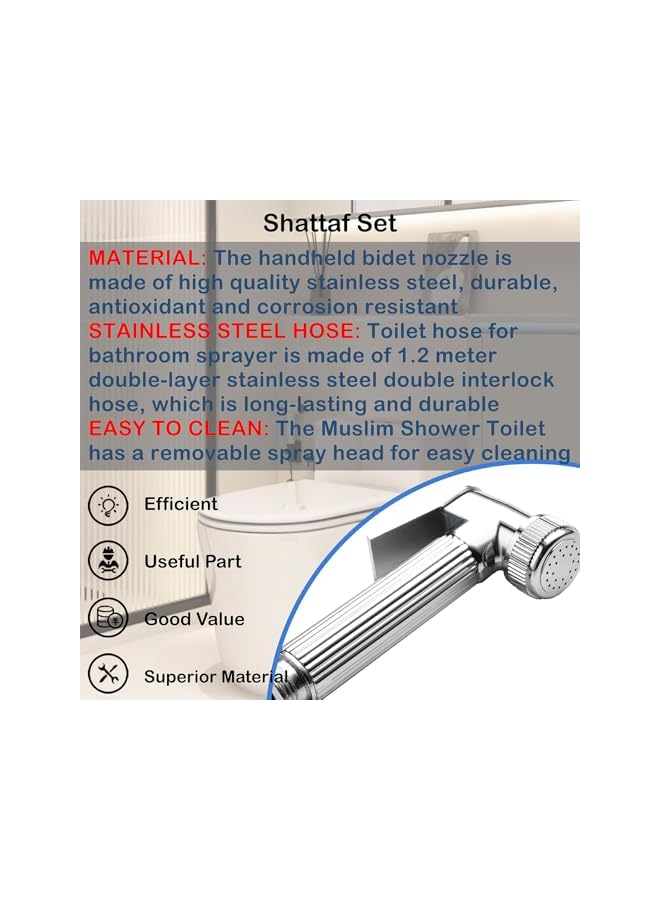 The Bros Shattaf Set, Bidet Sprayer with 1.2 m Hose and Seat, for Shower and Personal Hygiene (silver,Round) - Image 2