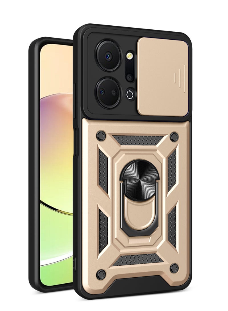 Shunjia Sliding Window Case, Shockproof Rugged Armor with Sliding Camera Cover & 360° Ring Kickstand, Compatible with Honor X7a (Gold)