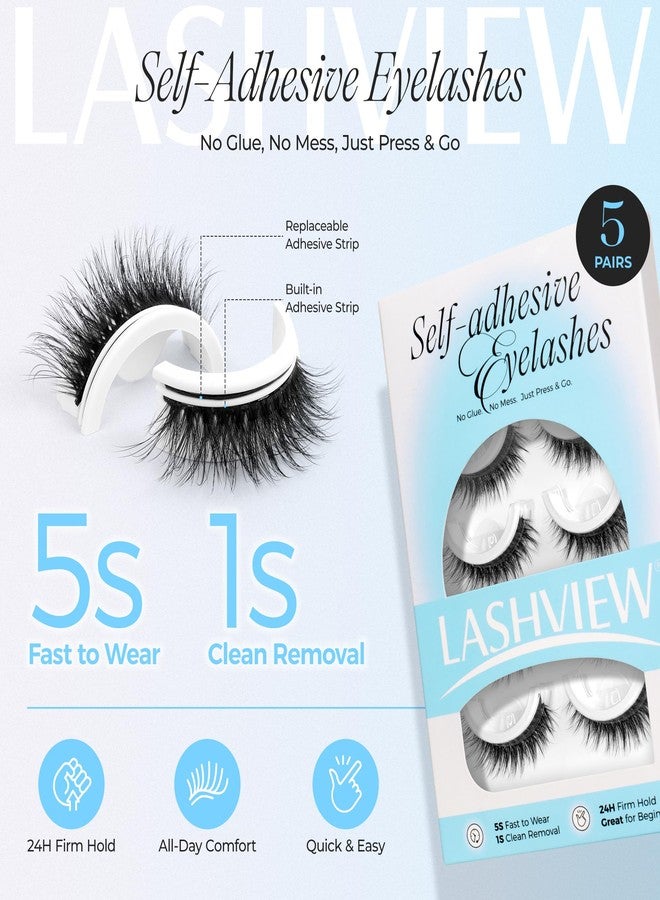 LASHVIEW Self Adhesive Eyelashes Natural Look, 5 Pairs Press On Lashes No Glue Need Eyelashes, Reusable Wispy False Lashes with Replacement Adhesive Strips (ZN122) - Image 3