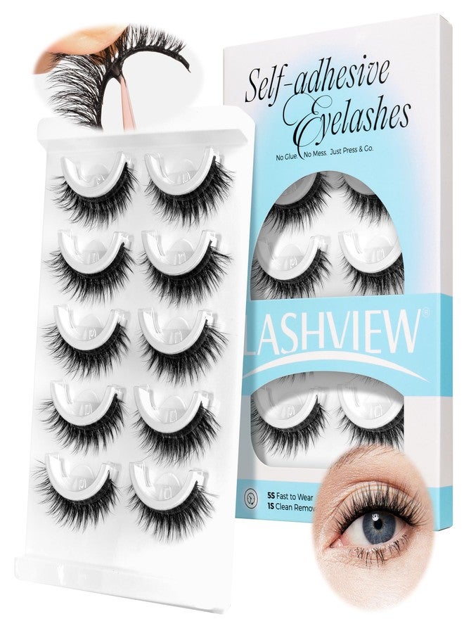 LASHVIEW Self Adhesive Eyelashes Natural Look, 5 Pairs Press On Lashes No Glue Need Eyelashes, Reusable Wispy False Lashes with Replacement Adhesive Strips (ZN122) - Image 1