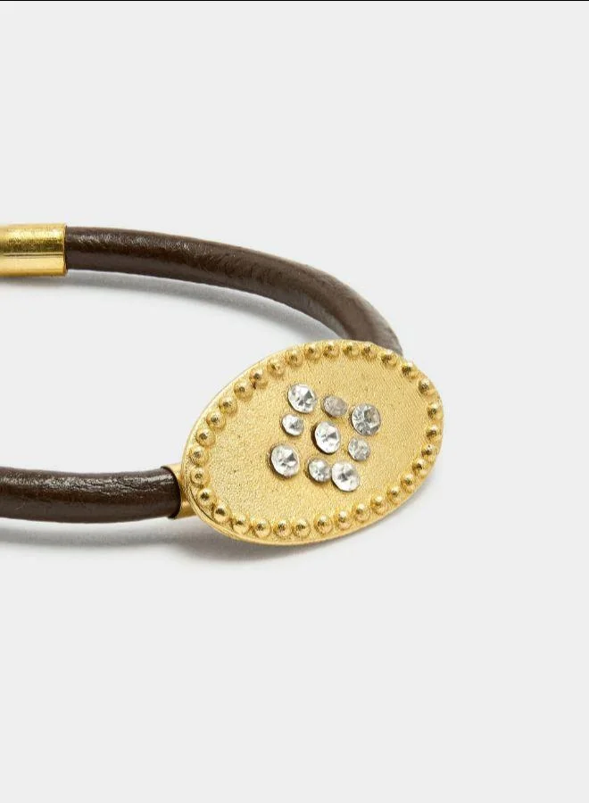 PARFOIS Leather cord bracelet with oval plate and crystals Golden