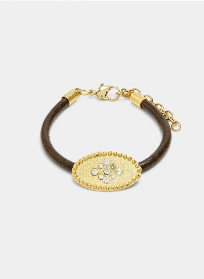 PARFOIS Leather cord bracelet with oval plate and crystals Golden