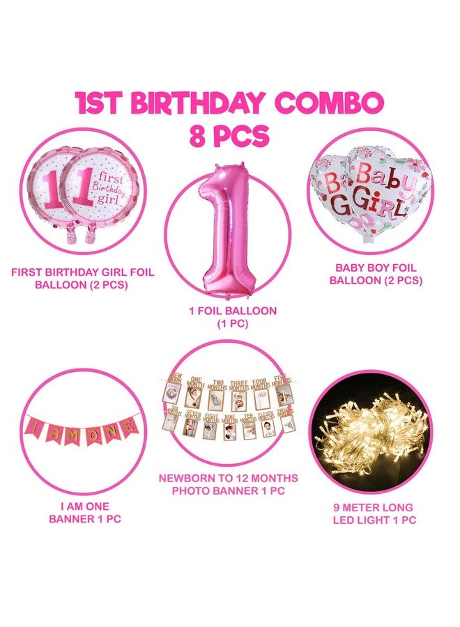 بارتي بروبس زينة عيد ميلاد أول للبنات من بارتي بروبس - ٨ قطع وردية | زينة عيد ميلاد للبنات | لافتة لطفلة بعمر ١٢ شهرًا (ورق مقوى) | زينة عيد ميلاد أول للبنات - Image 2