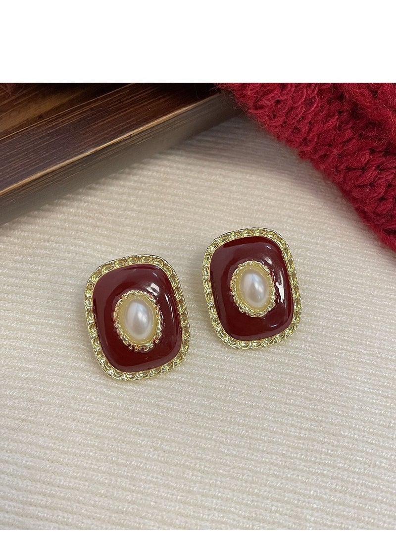 Pearl earrings, silver needles, retro red squares 