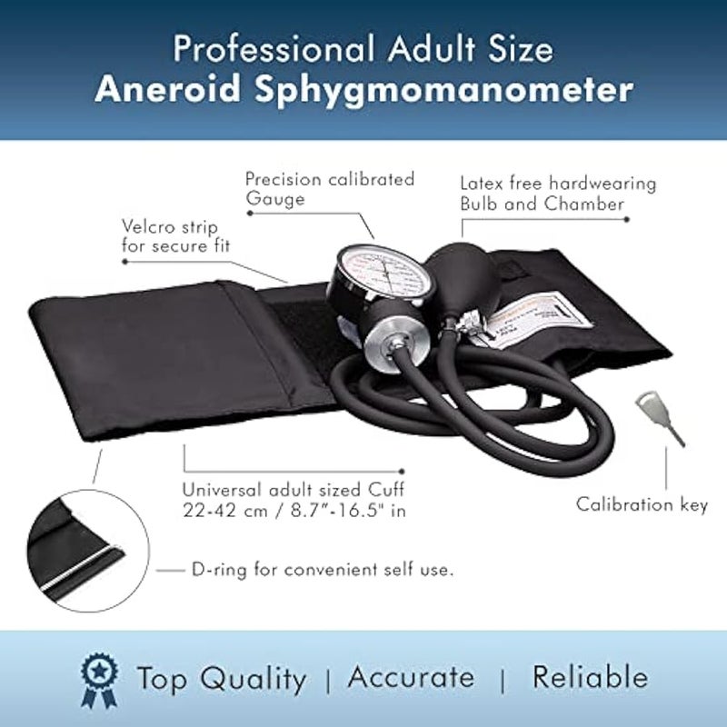 Adult Size Self Taking Black Aneroid Sphygmomanometer, Stethoscope Kit - Professional Blood Pressure Machine with Manual Inflation Cuff w/D-Ring, 8.7”-16.5, BP Monitor Kit w/Carrying Case - Image 2