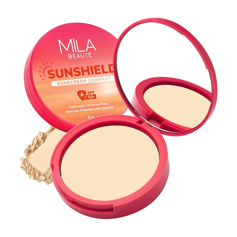 Mila Beaute واقي شمس مضغوط للنساء | SPF 50 PA+++ حماية من الأشعة فوق البنفسجية | خالي من الزيوت مع لمسة نهائية غير لامعة | نياسيناميد وسيراميدات | خفيف الوزن ومناسب لجميع أنواع البشرة - (9غ، 1 عاجي) - Image 1