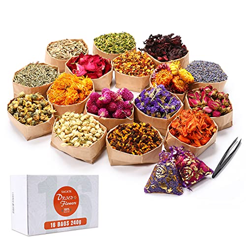 SACATR 15gBag Dried Flowers100 Natural Dried Flowers Herbs Kit for Soap Making DIY Candle MakingBath  Include Rose PetalsLavenderDont Forget MeLiliumJasmineRosebudsand More16 Bags