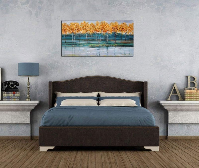 BPA فن الجدران قماش أشجار BPA® الذهبية - لوحة طبيعية حديثة من المناظر الطبيعية الجبلية الزرقاء، صورة مناظر طبيعية تجريدية باللون الأزرق الفاتح بحجم كبير مؤطرة لغرفة المعيشة أو غرفة النوم أو الحمام أو مكتب المنزل لتزيين الجدران - Image 5