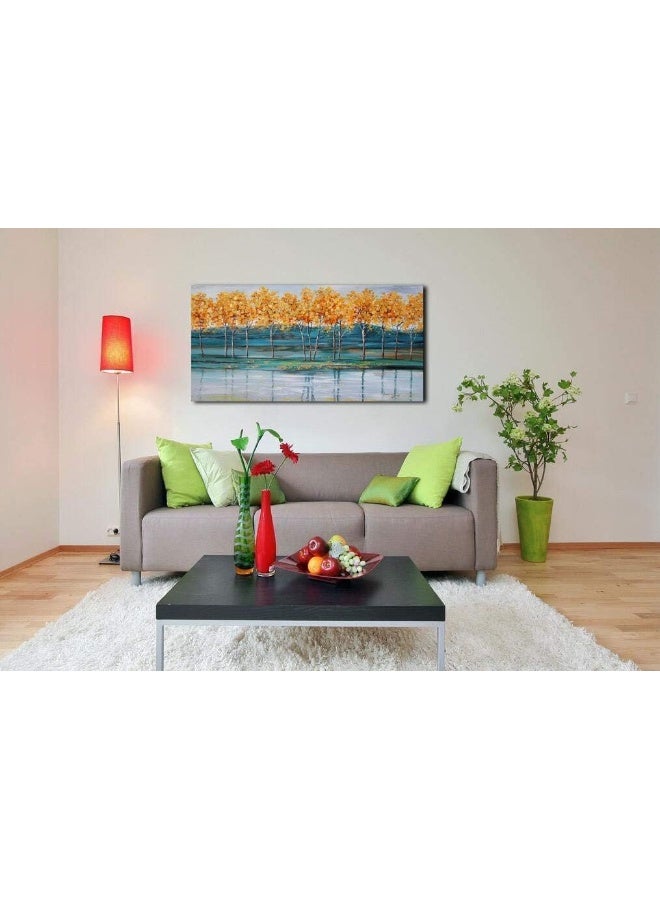 BPA فن الجدران قماش أشجار BPA® الذهبية - لوحة طبيعية حديثة من المناظر الطبيعية الجبلية الزرقاء، صورة مناظر طبيعية تجريدية باللون الأزرق الفاتح بحجم كبير مؤطرة لغرفة المعيشة أو غرفة النوم أو الحمام أو مكتب المنزل لتزيين الجدران - Image 4