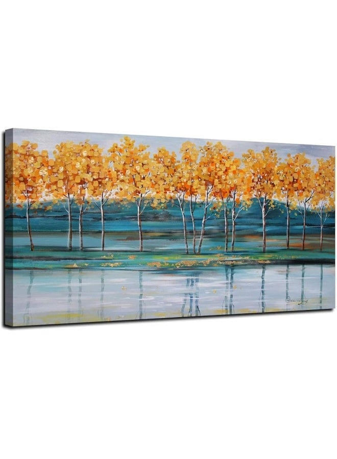 BPA فن الجدران قماش أشجار BPA® الذهبية - لوحة طبيعية حديثة من المناظر الطبيعية الجبلية الزرقاء، صورة مناظر طبيعية تجريدية باللون الأزرق الفاتح بحجم كبير مؤطرة لغرفة المعيشة أو غرفة النوم أو الحمام أو مكتب المنزل لتزيين الجدران - Image 1