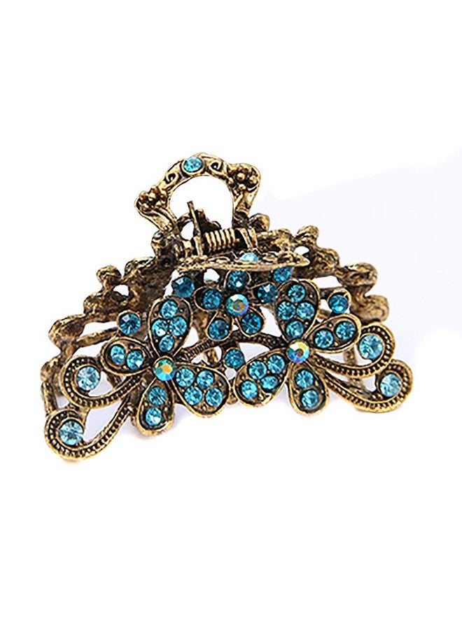 فوداتم مشبك شعر على شكل زهور عتيقة للنساء، مشبك شعر على شكل فك من سبائك معدنية عتيقة مرصع بأحجار الراين، دبوس شعر أنيق (أزرق سماوي) - Image 1