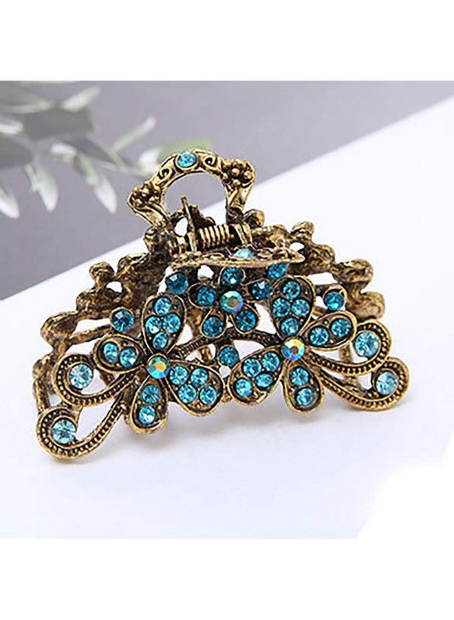 فوداتم مشبك شعر على شكل زهور عتيقة للنساء، مشبك شعر على شكل فك من سبائك معدنية عتيقة مرصع بأحجار الراين، دبوس شعر أنيق (أزرق سماوي) - Image 2