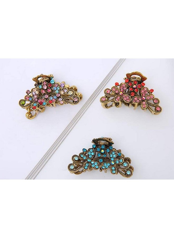 فوداتم مشبك شعر على شكل زهور عتيقة للنساء، مشبك شعر على شكل فك من سبائك معدنية عتيقة مرصع بأحجار الراين، دبوس شعر أنيق (أزرق سماوي) - Image 3