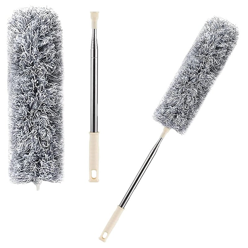 FEXONXA 2025 Upgraded Microfiber Feather Bendable Extendable Fan Cleaning Duster with 100 inch Pole Handle Washable Duster Wet and Dry Duster Gray - Image 2