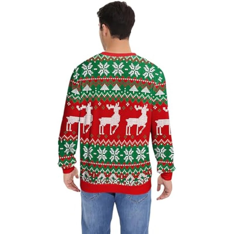 Loquat Festive Holiday Unisex  Sweater, Knit Crewneck Long Sleeve Pullover, Red and Green Nordic Pattern, Dancing Santa and Reindeer Design, Casual Wear - Image 2