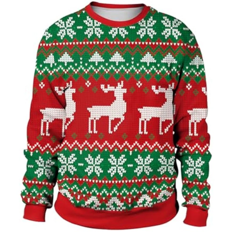 Loquat Festive Holiday Unisex  Sweater, Knit Crewneck Long Sleeve Pullover, Red and Green Nordic Pattern, Dancing Santa and Reindeer Design, Casual Wear - Image 1
