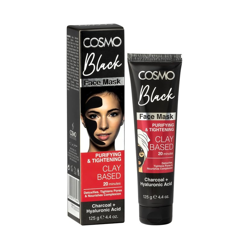 Cosmo Face Care Anti Purifying & Tightening Clay Based Face Mask 125g Black, Detoxifies, Tight Pores, Nourishes Complexion Charcoal + Hyaluronic Acid - Image 2