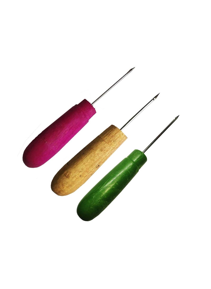 Generic Steel Gourd Shape Wood Handle Pin Punching Hole Maker Scratch Awl Sewing Repair Tool for Leather Craft Cloth Tent Silver Book Binding Tools Set 3 
