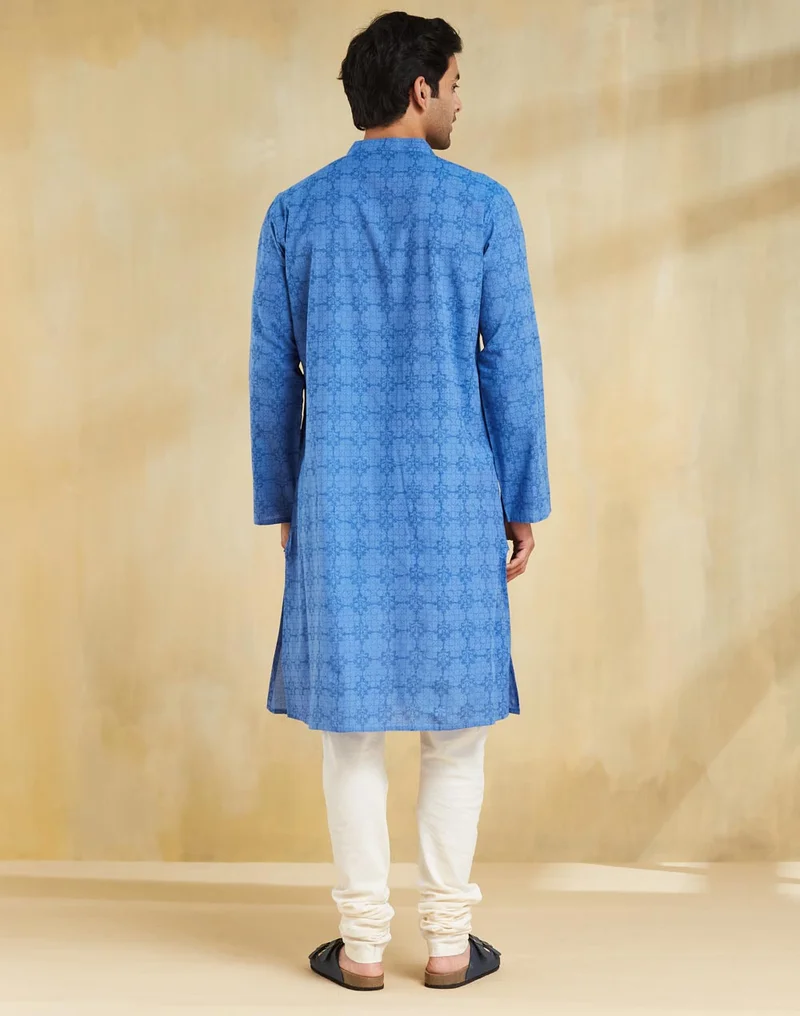 Fabindia Blue Cotton Hand Block Printed Long Kurta