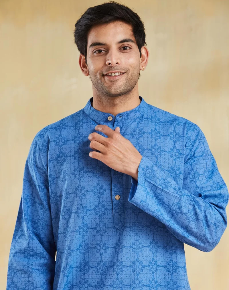Fabindia Blue Cotton Hand Block Printed Long Kurta