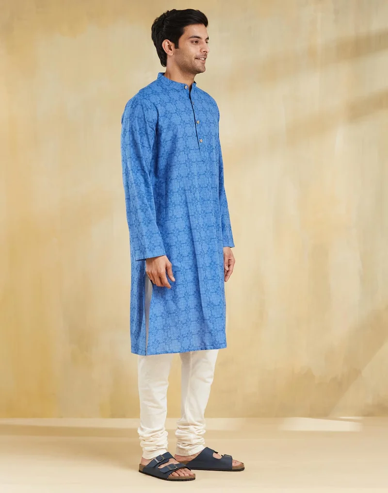 Fabindia Blue Cotton Hand Block Printed Long Kurta