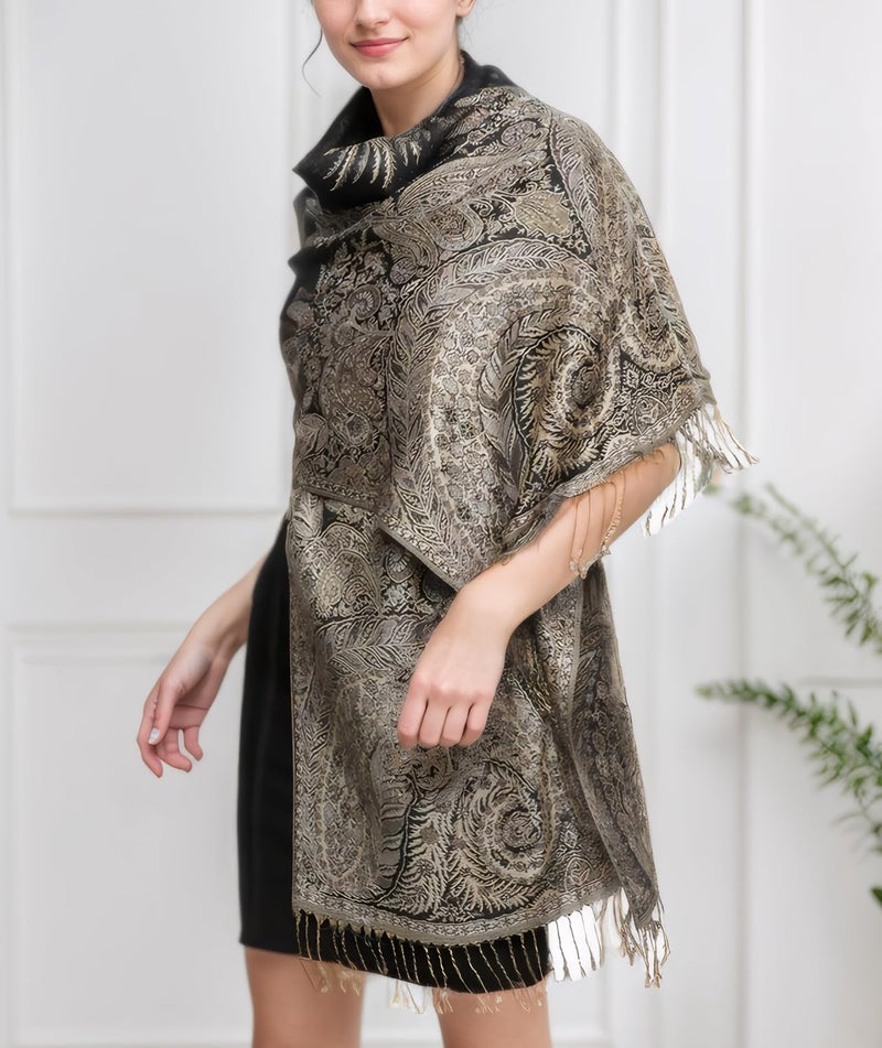 Achillea Luxurious Double Layered Jacquard Big Paisley Pashmina Shawl Wrap Scarf (Black) - Image 3