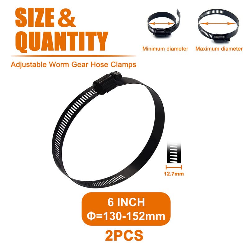 ISPINNER 2pcs 6 Inch Stainless Steel Adjustable 130-152mm Size Range Worm Gear Hose Clamp, Fuel Line Clamp for Plumbing, Automotive and Mechanical Application (Black) - Image 2